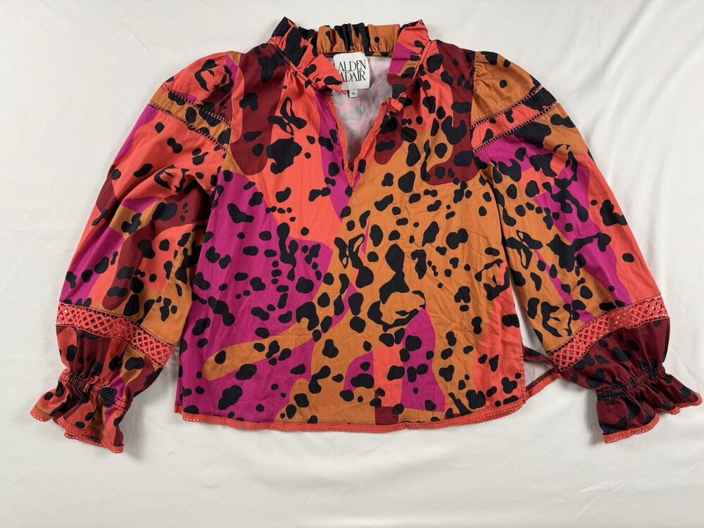 Alden Adair Top Blouse Women’s XL Panthera Boho Maximalist Puff Sleeve